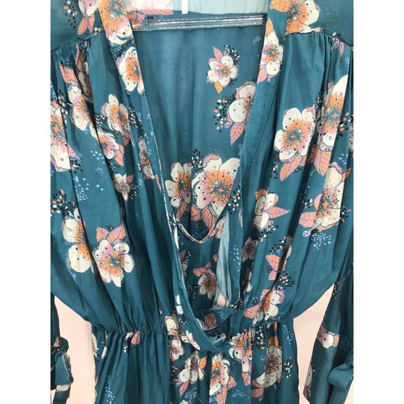 Free People Teal Floral Peplum Dolman Bell Sleeve Blouse Size XS - Picture 3 of 7